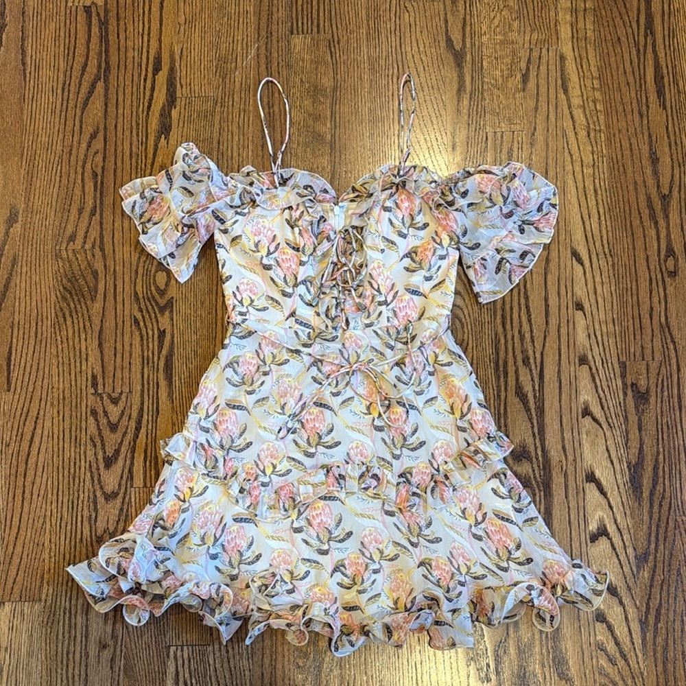 Selfie Leslie Saints + Secrets Nude Pink Maranda Bardot Lace Up Bust Dress S - Picture 4 of 9